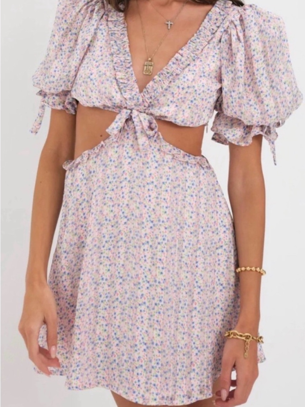 For Love & Lemons Pastel Floral Tie-Front Mini Dress